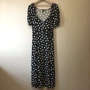 Viscose Linen Blend Polka Dot Button Down Puff Sleeve Maxi Dress